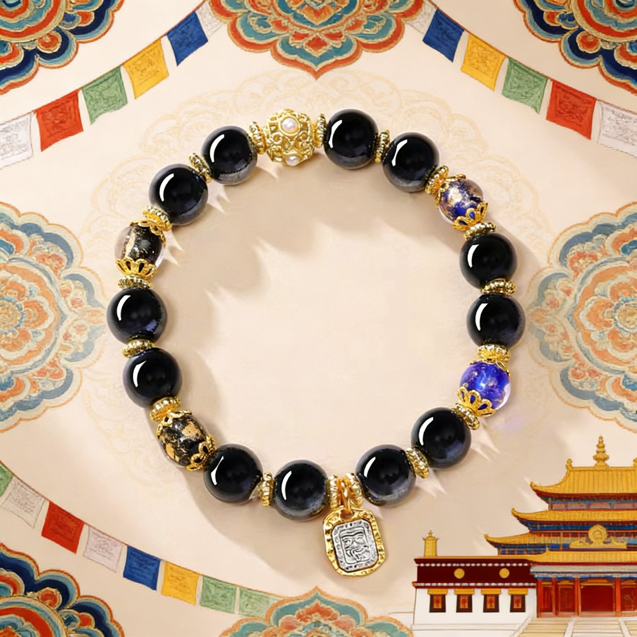 Black Porcelain Black-Blue Gold Foil Dzambhala Bracelet