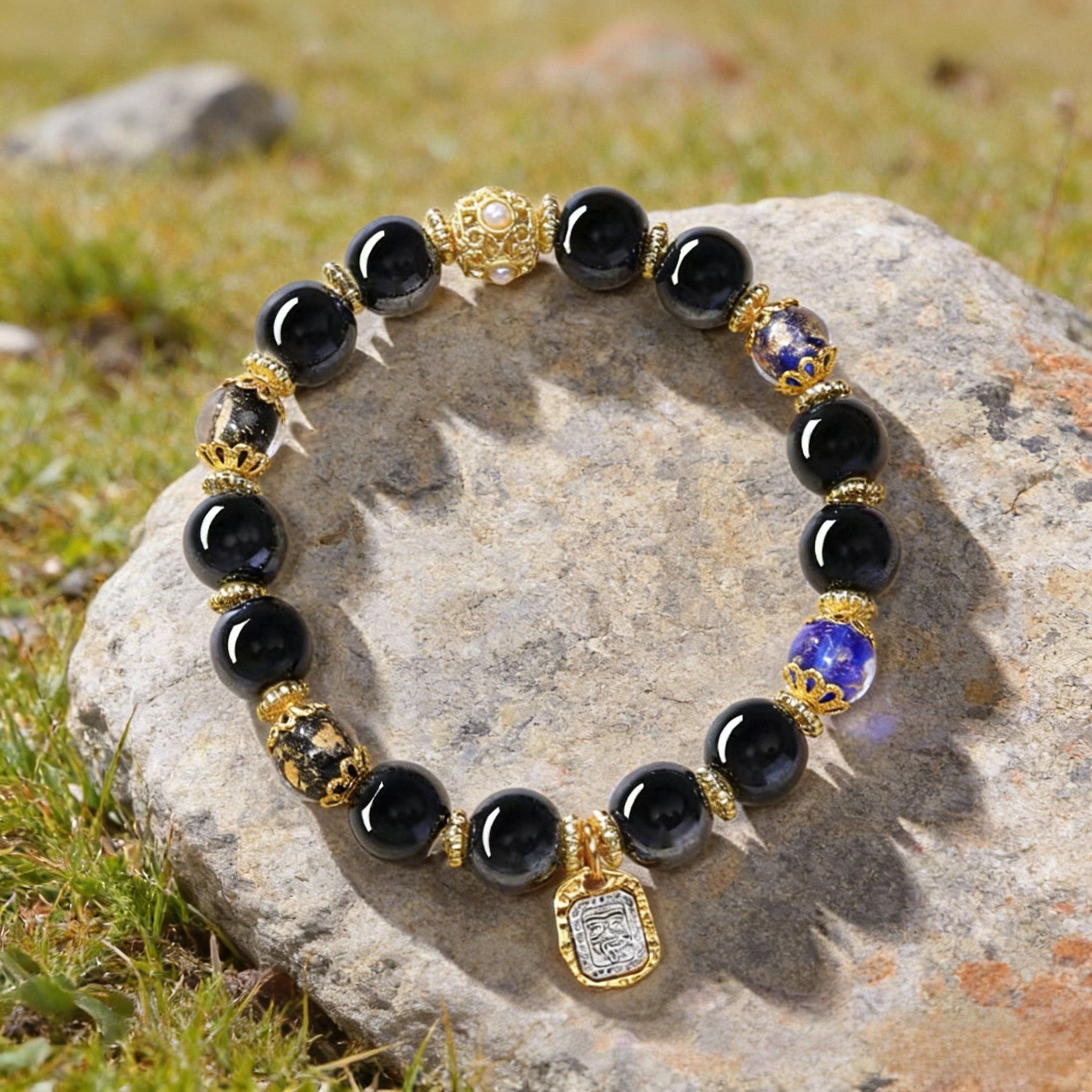 Black Porcelain Black-Blue Gold Foil Dzambhala Bracelet