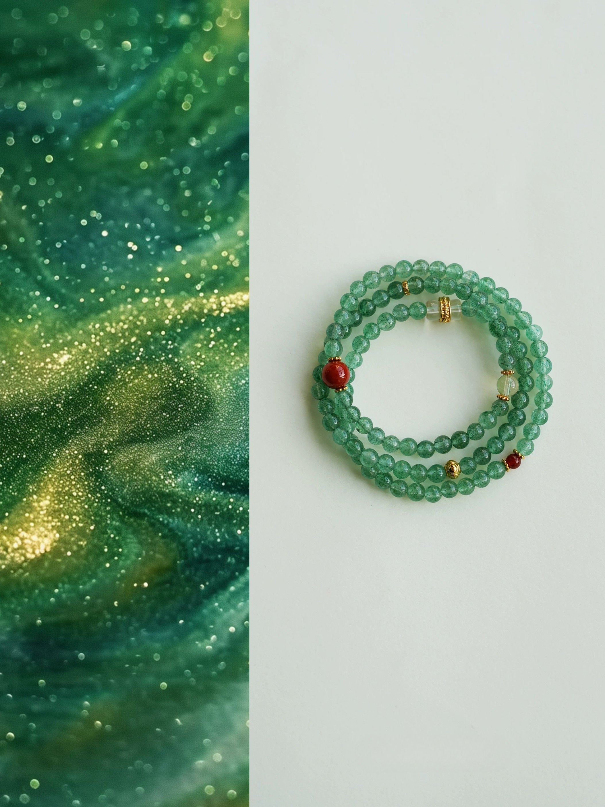 Chinese Style Natural Strawberry Green Crystal & Nanhong Bracelet