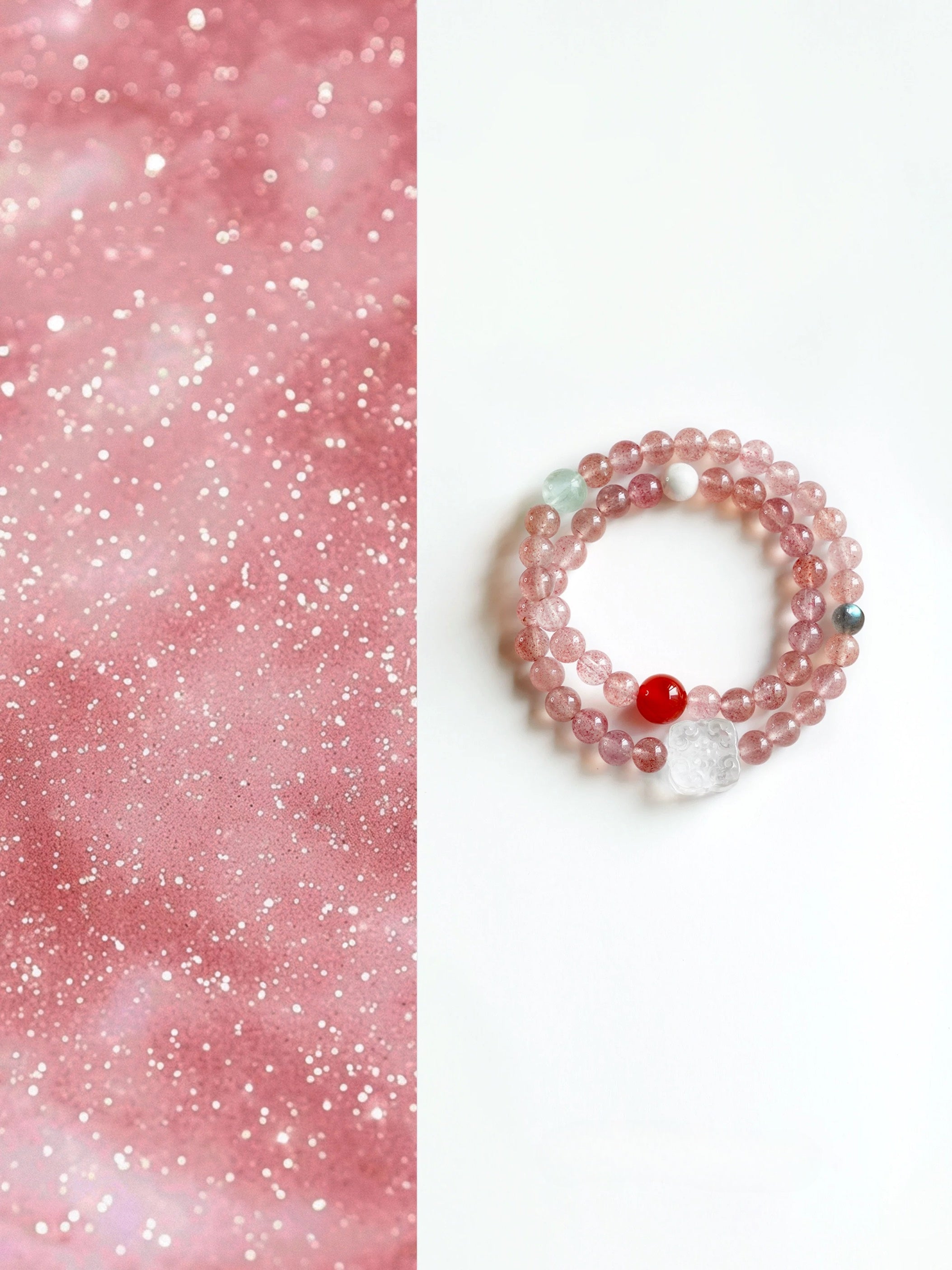 Chinese Style Natural Strawberry Pink Crystal Multi-Gem Bracelet