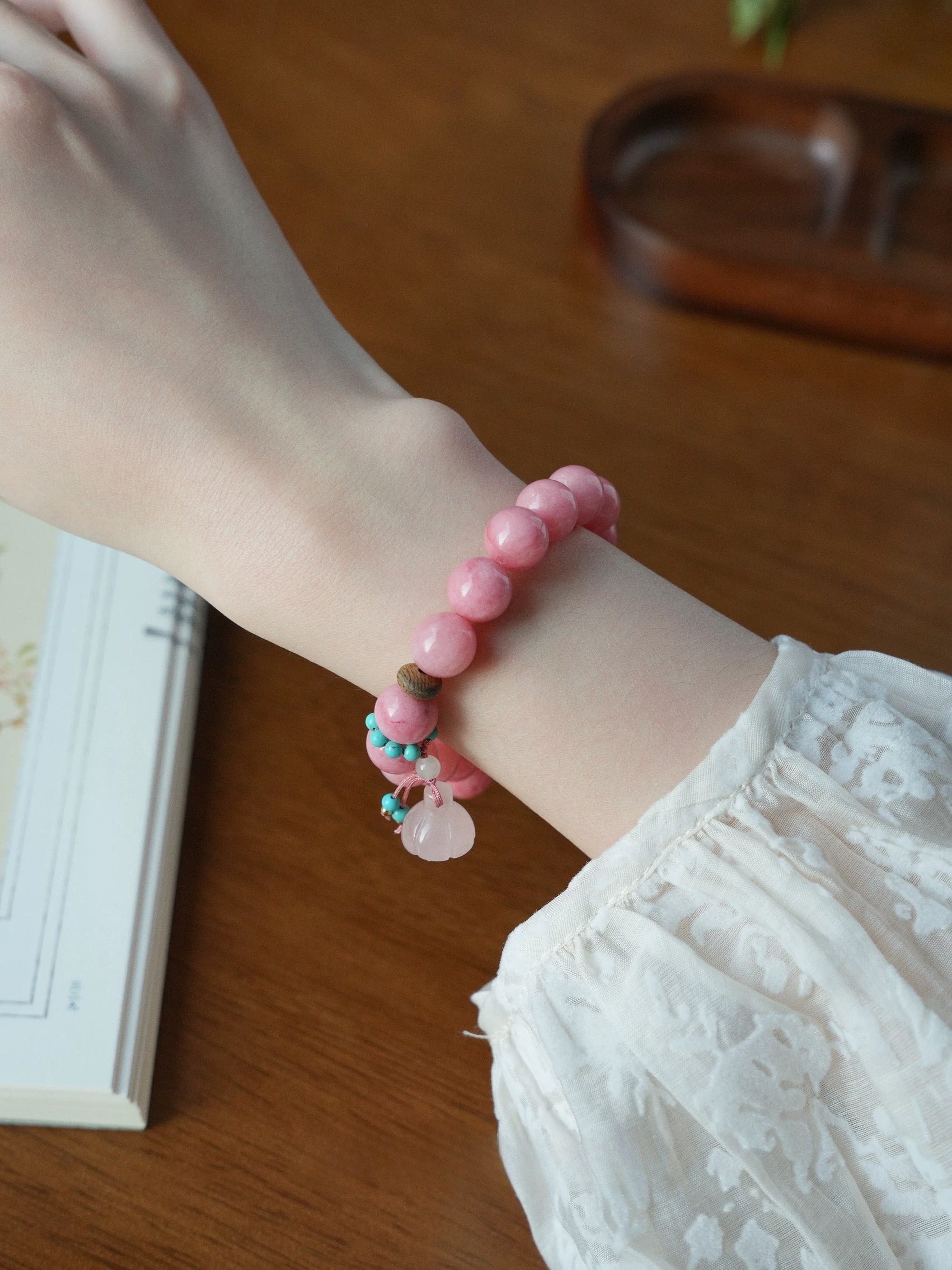 Chinese Style Natural Red Veined Pink Chalcedony Bracelet