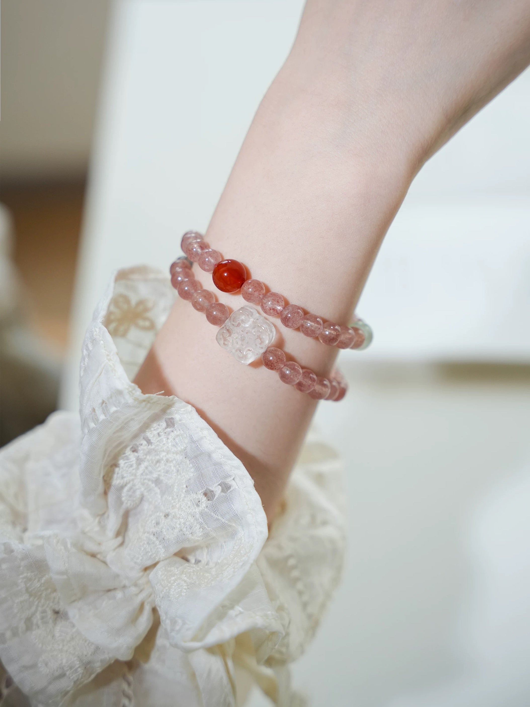 Chinese Style Natural Strawberry Pink Crystal Multi-Gem Bracelet