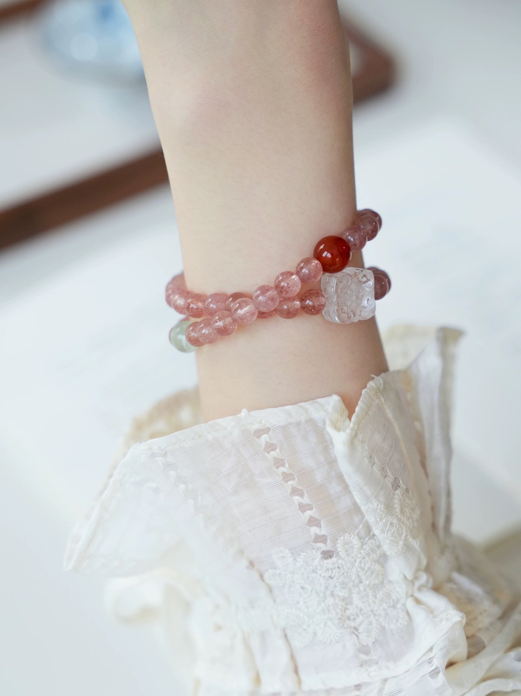 Chinese Style Natural Strawberry Pink Crystal Multi-Gem Bracelet