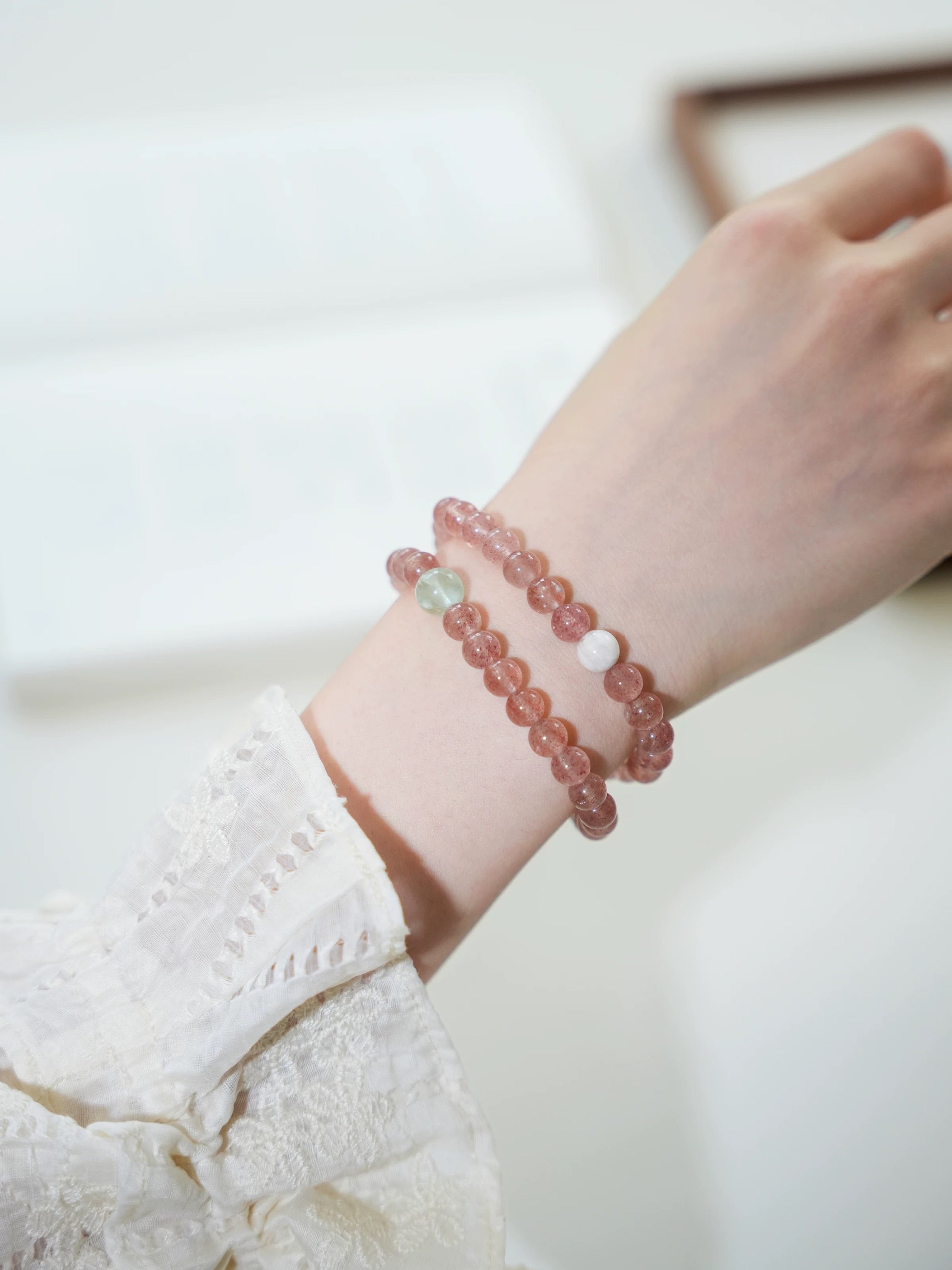 Chinese Style Natural Strawberry Pink Crystal Multi-Gem Bracelet