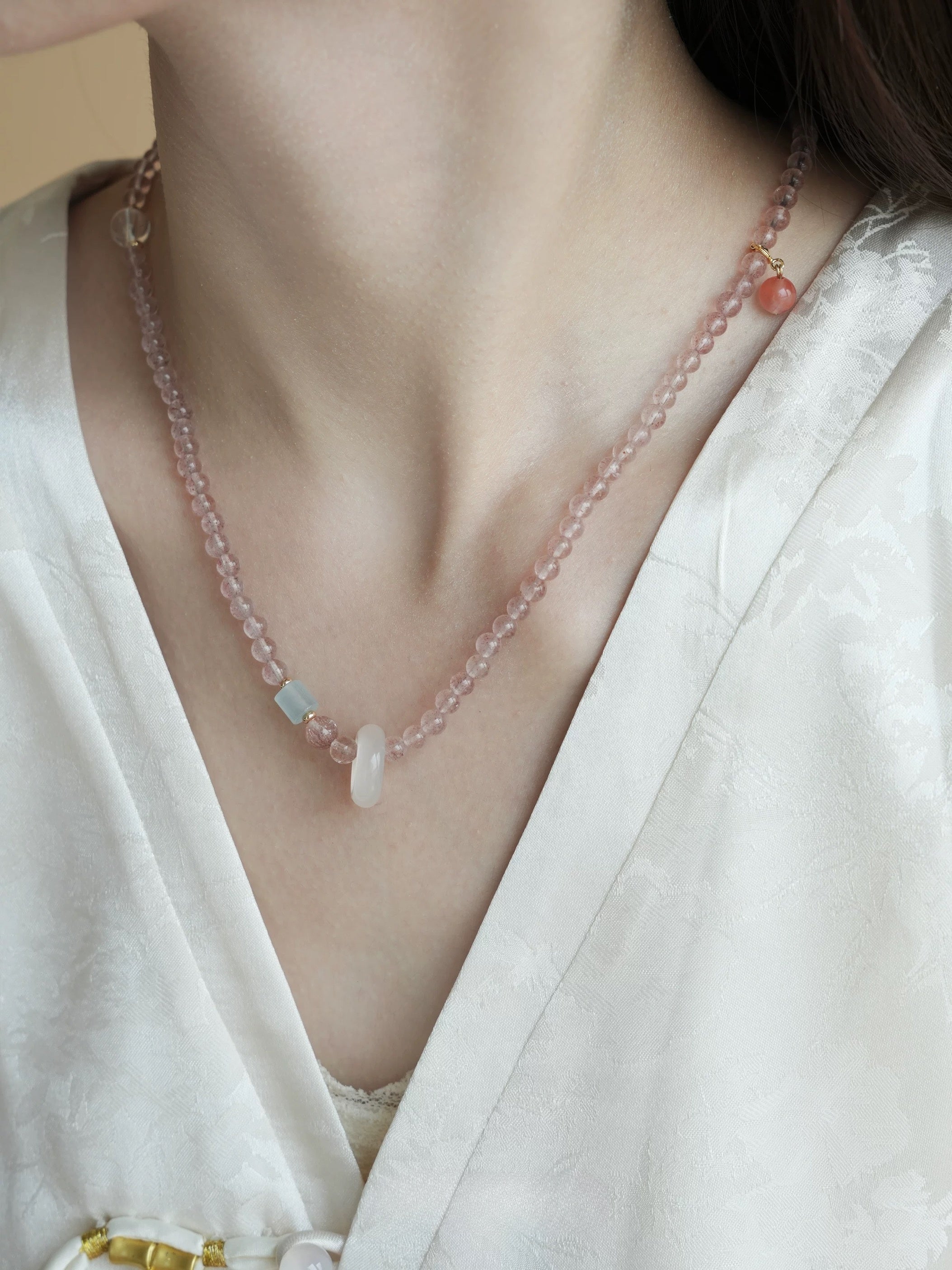 Chinese Style Natural Strawberry Pink Crystal & Nanhong Agate Bracelet
