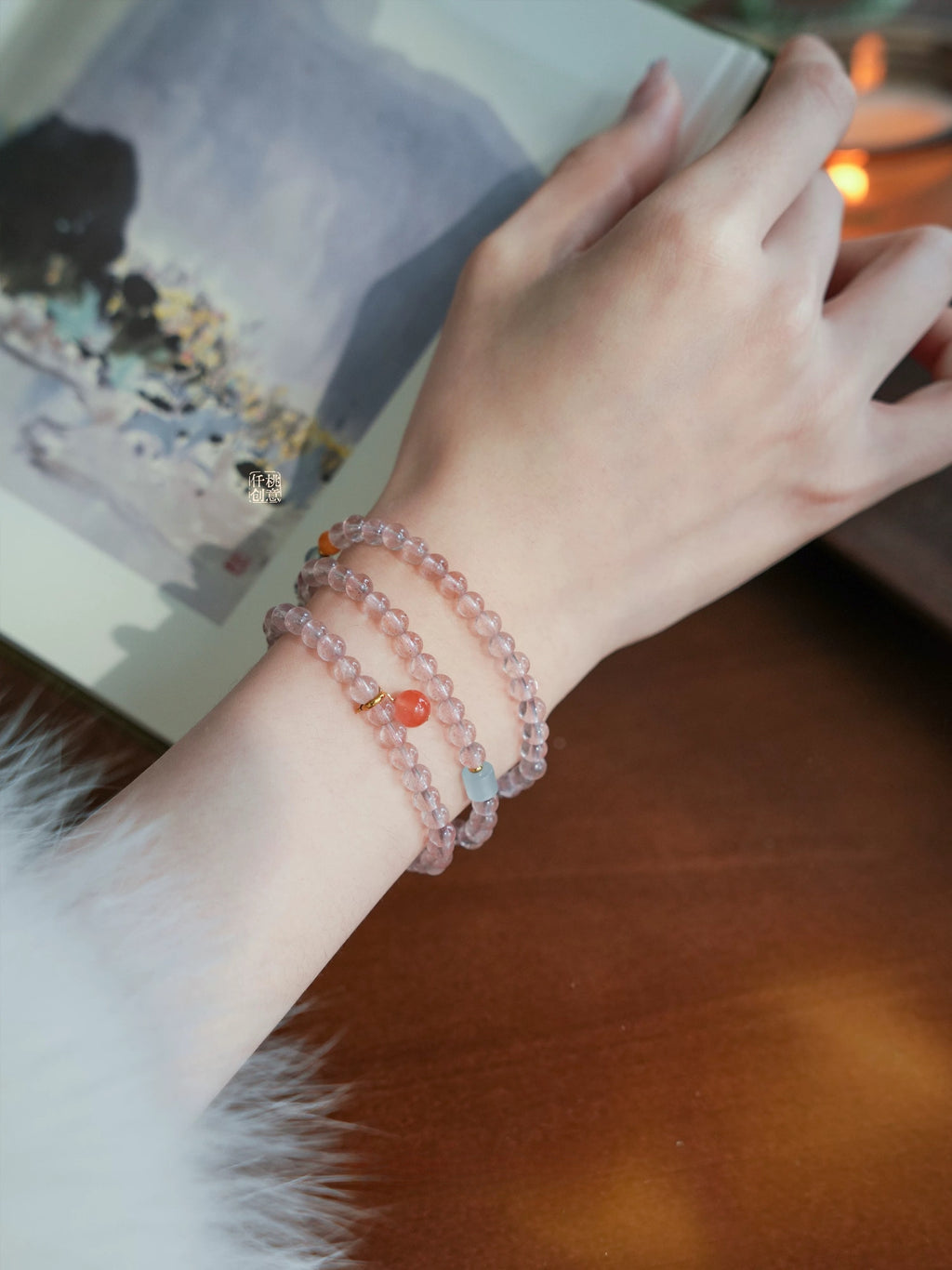 Chinese Style Natural Strawberry Pink Crystal & Nanhong Agate Bracelet