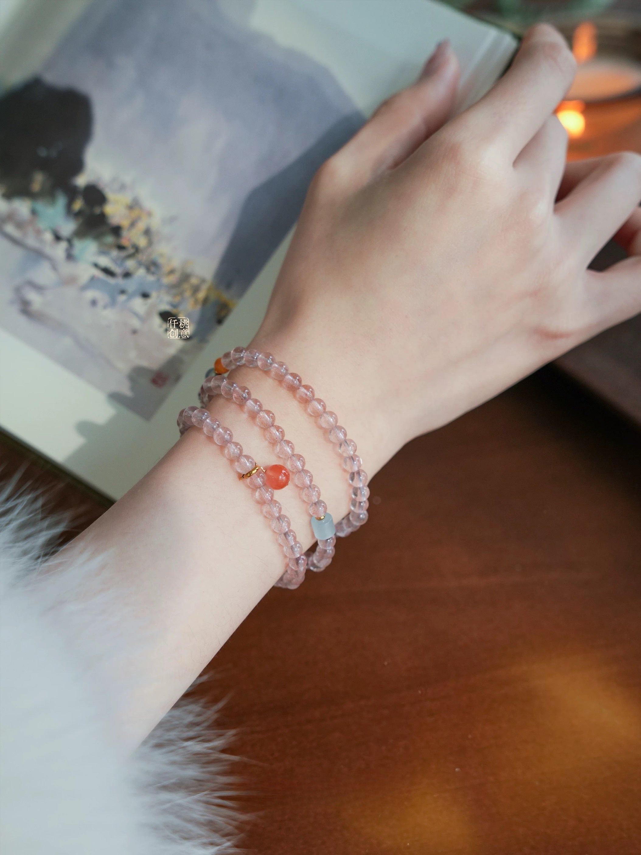 Chinese Style Natural Strawberry Pink Crystal & Nanhong Agate Bracelet