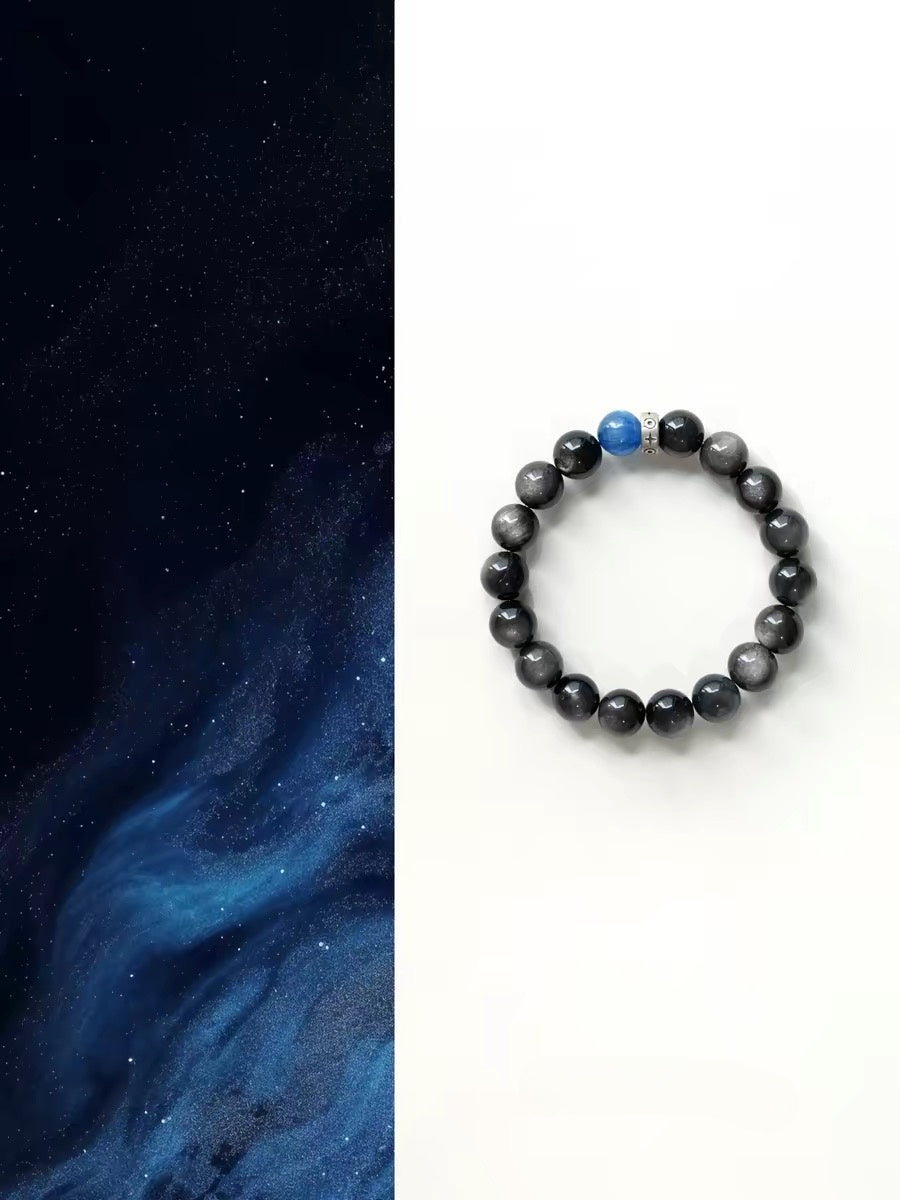 Natural Chinese Obsidian & Blue Kyanite Beaded Bracelet