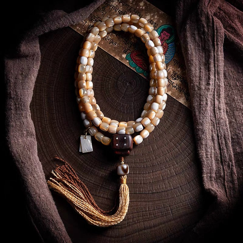 Natural Mother-of-Pearl & Fish Bone Mala Bracelet