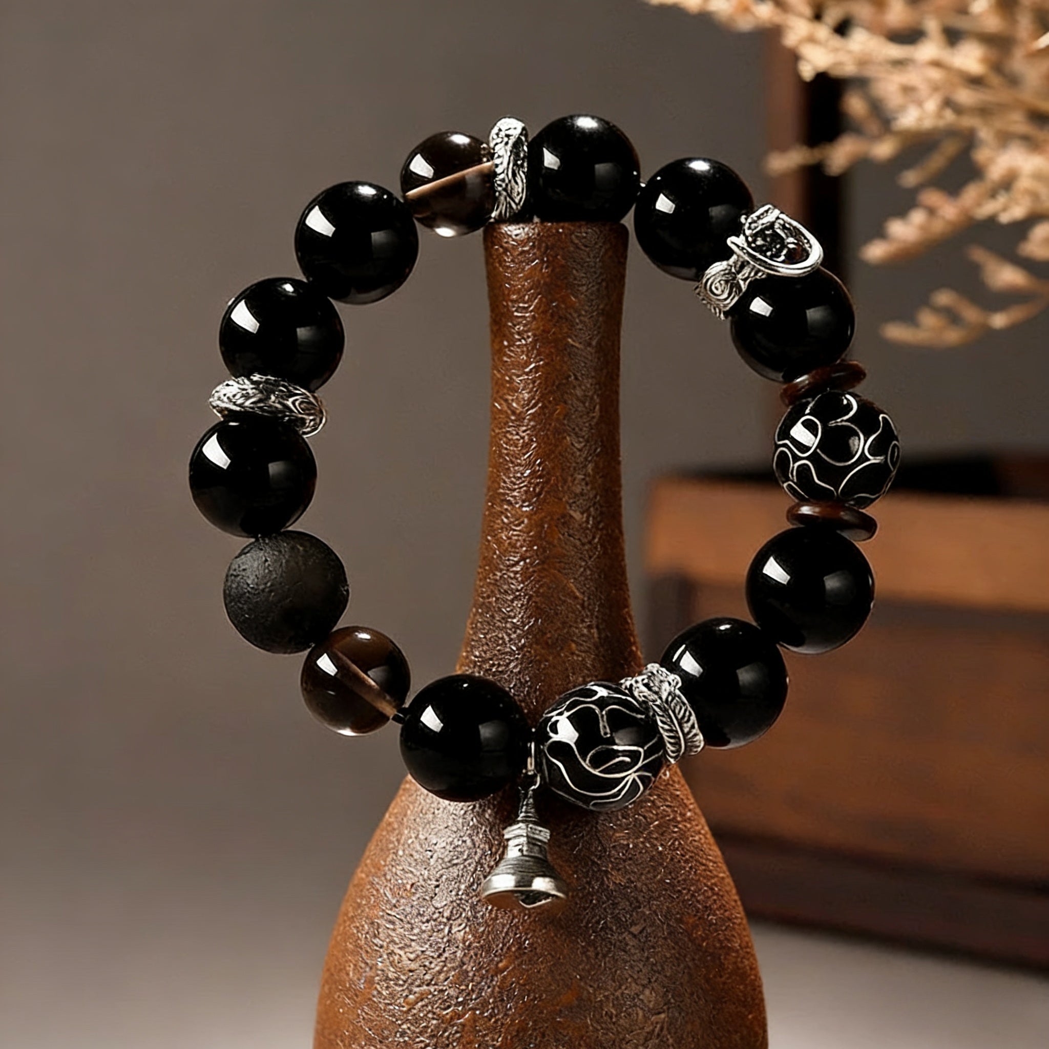 Natural Obsidian Filigree Bracelet