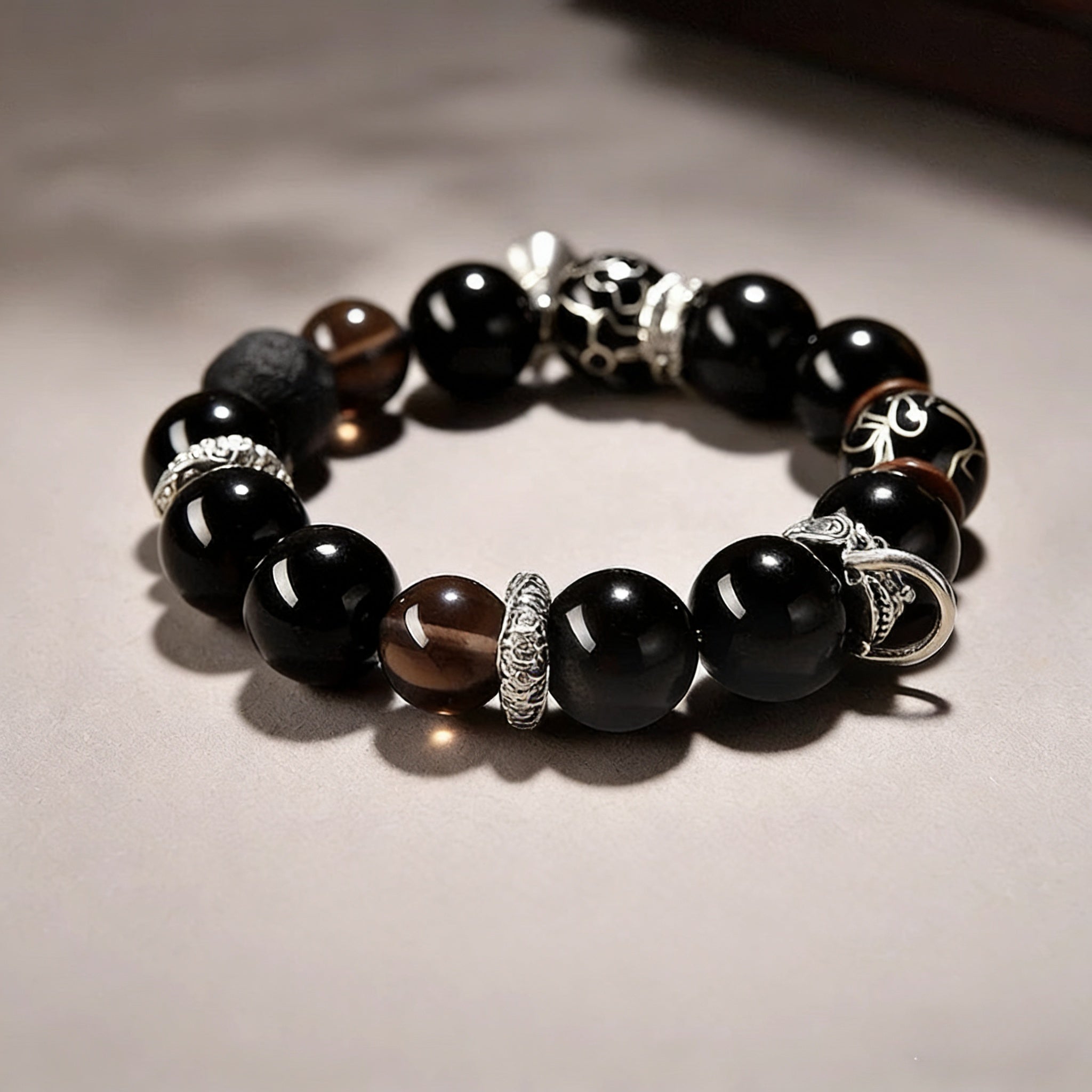 Natural Obsidian Filigree Bracelet