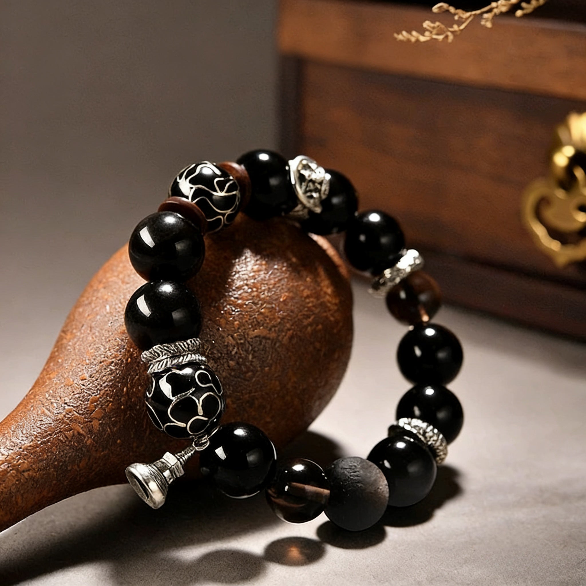 Natural Obsidian Filigree Bracelet