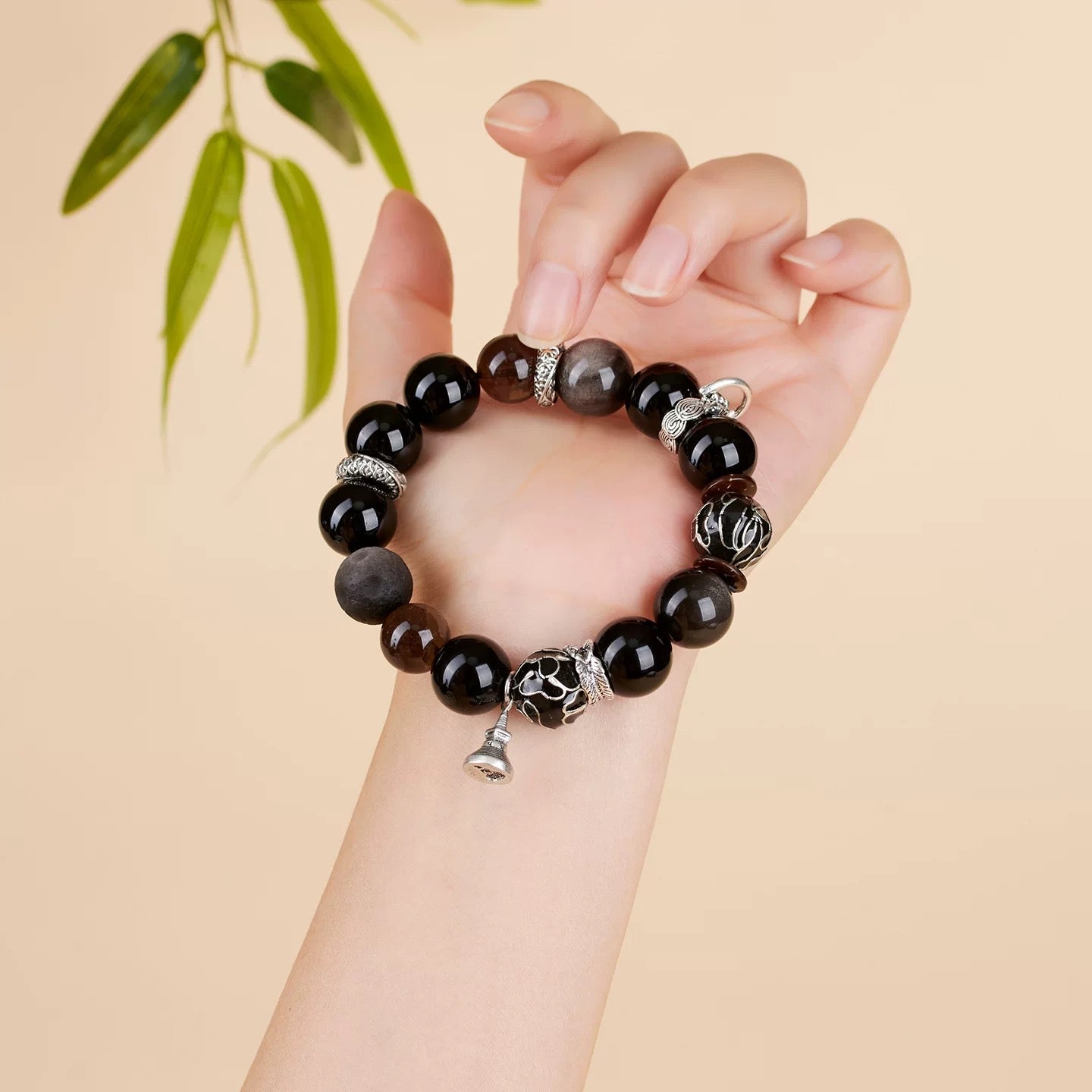 Natural Obsidian Filigree Bracelet