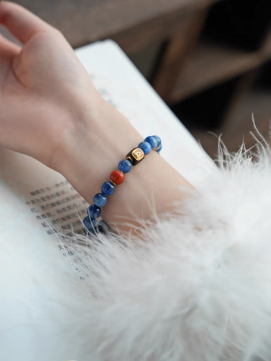 Natural Chinese Blue Kyanite, Nanhong Agate & Agarwood Beaded Bracelet