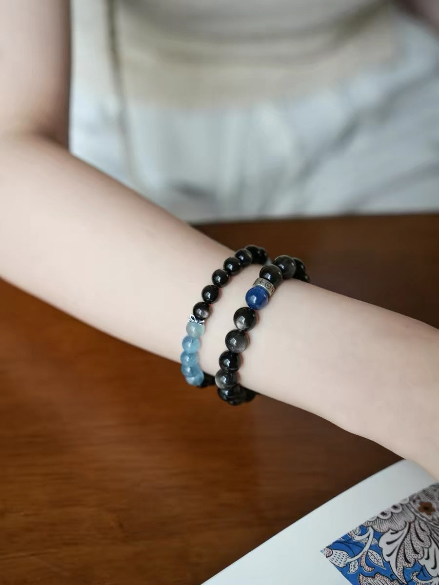 Natural Chinese Obsidian & Blue Kyanite Beaded Bracelet