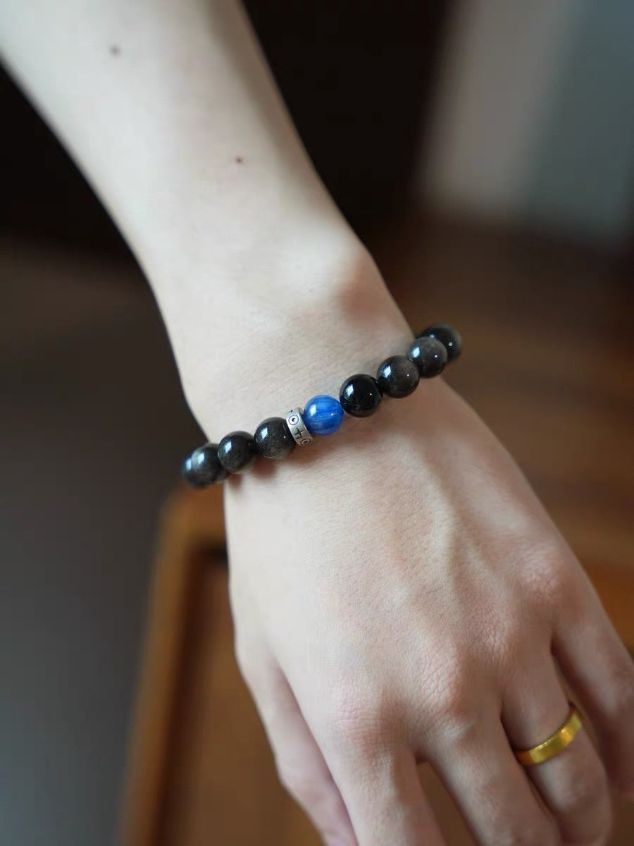 Natural Chinese Obsidian & Blue Kyanite Beaded Bracelet