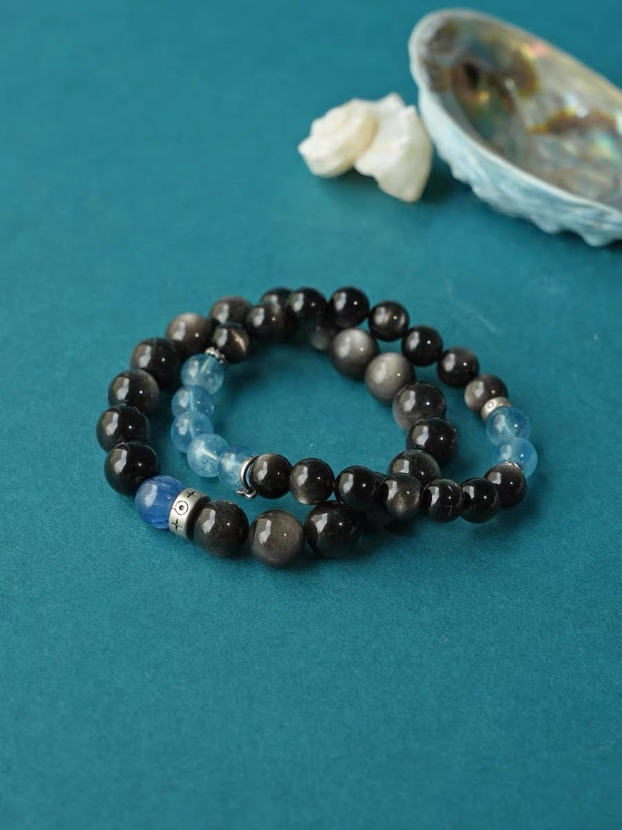 Natural Chinese Obsidian & Blue Kyanite Beaded Bracelet