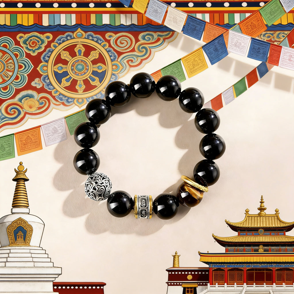 Natural Obsidian Six-Word Mantra Bracelet