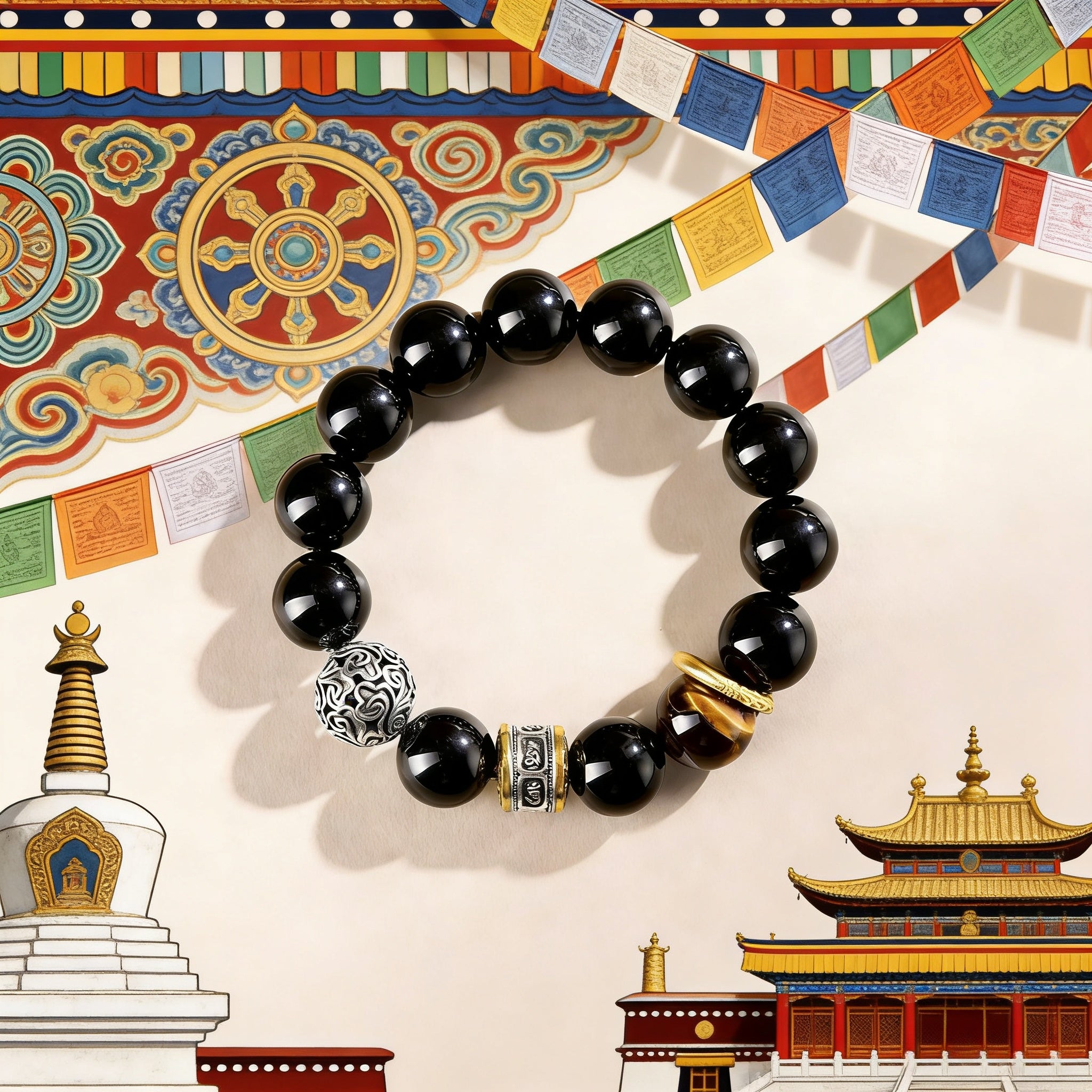 Natural Obsidian Six-Word Mantra Bracelet