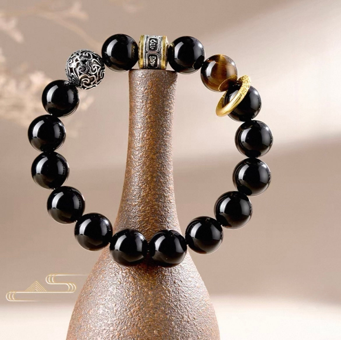 Natural Obsidian Six-Word Mantra Bracelet