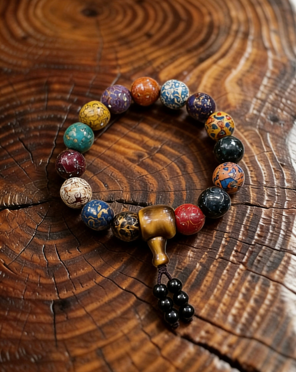 Threaded Rhinoceros Hide Lacquer Bead Rainbow Bracelet
