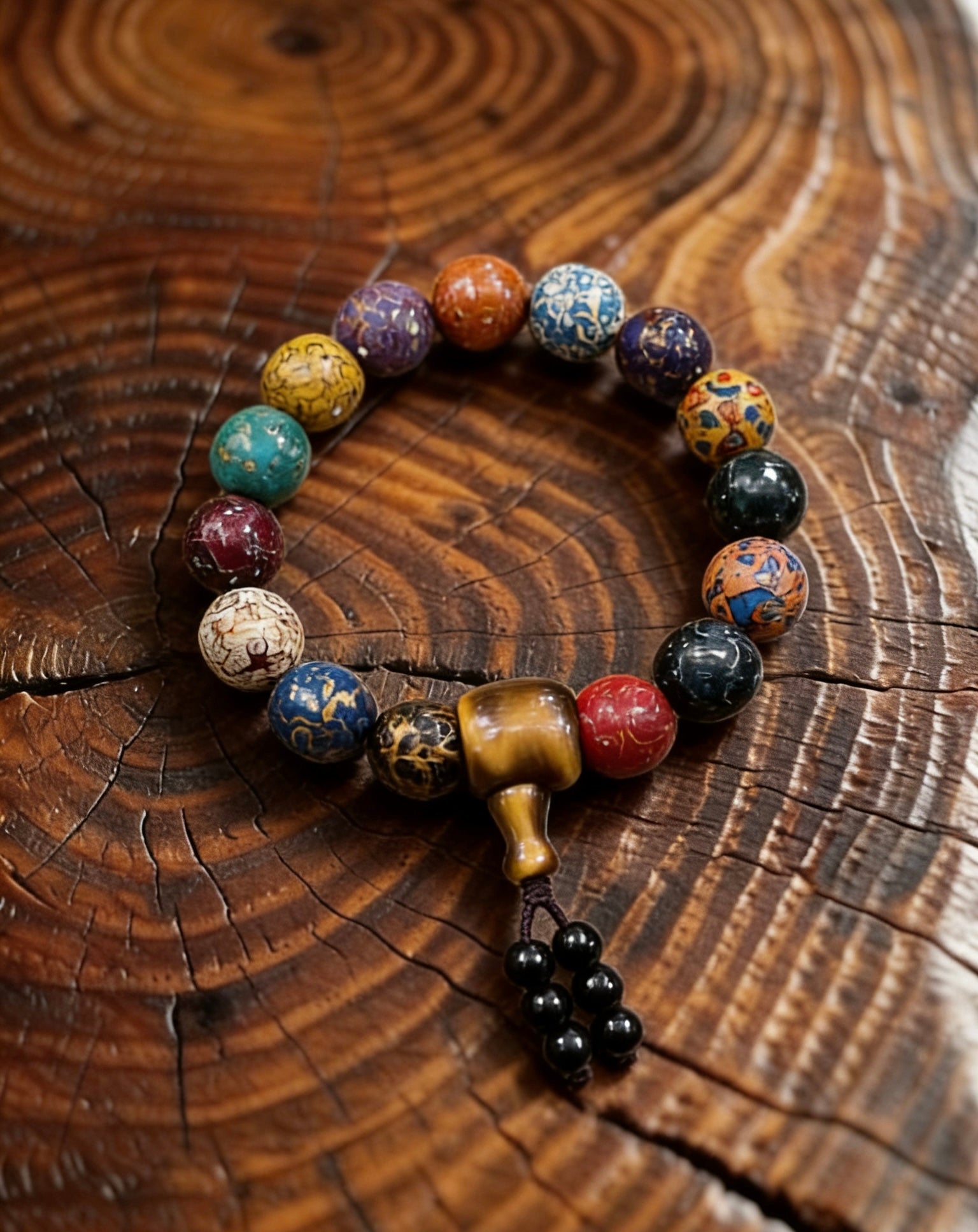 Threaded Rhinoceros Hide Lacquer Bead Rainbow Bracelet