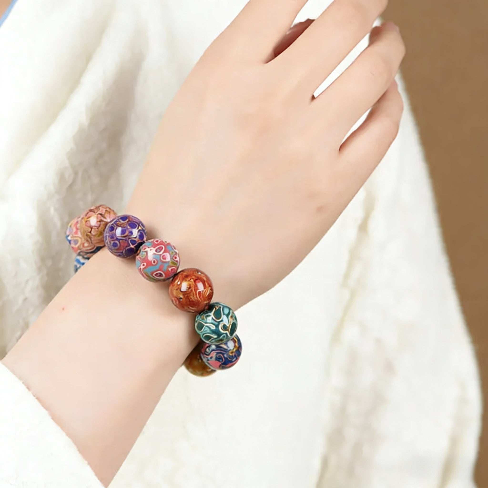 Threaded Rhinoceros Hide Lacquer Bead Rainbow Bracelet