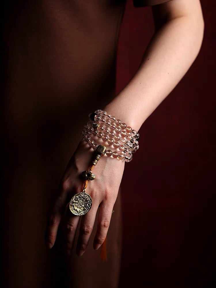 Tibetan-Style Natural Clear Quartz Mala Bracelet